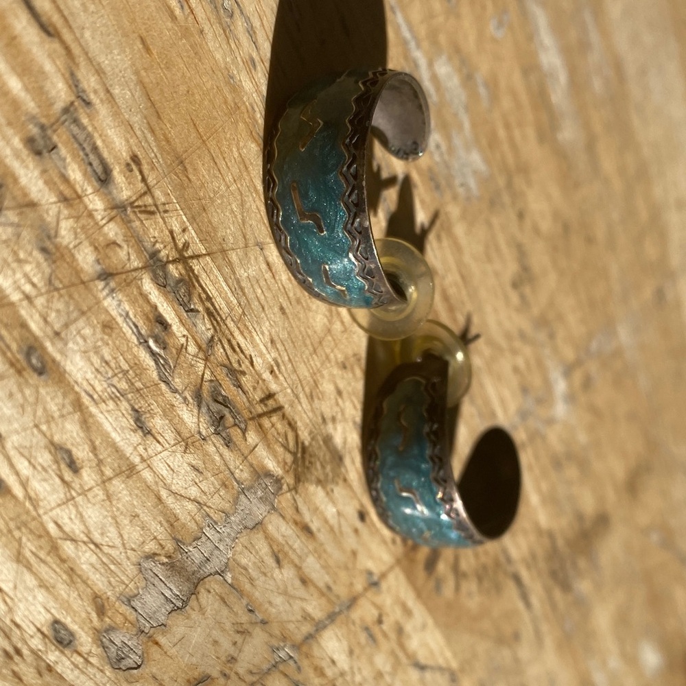 Vintage Mexican Sterling Silver Earrings – Blue Enamel Inlay, MEX Mark - Picture 6 of 6